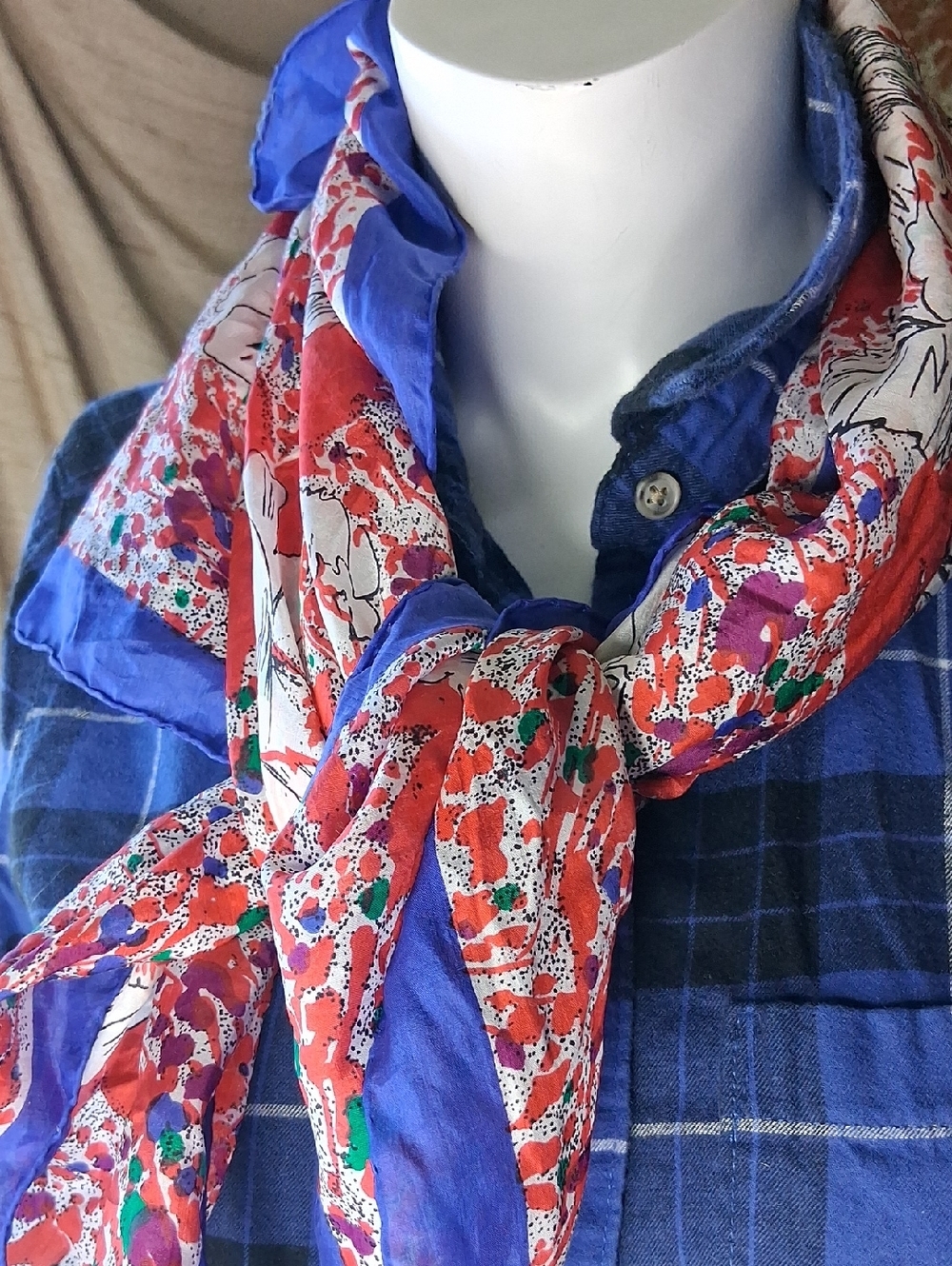 Vibrant Red & Blue Patterned Lightweight Scarf Silk Square 32 X 32